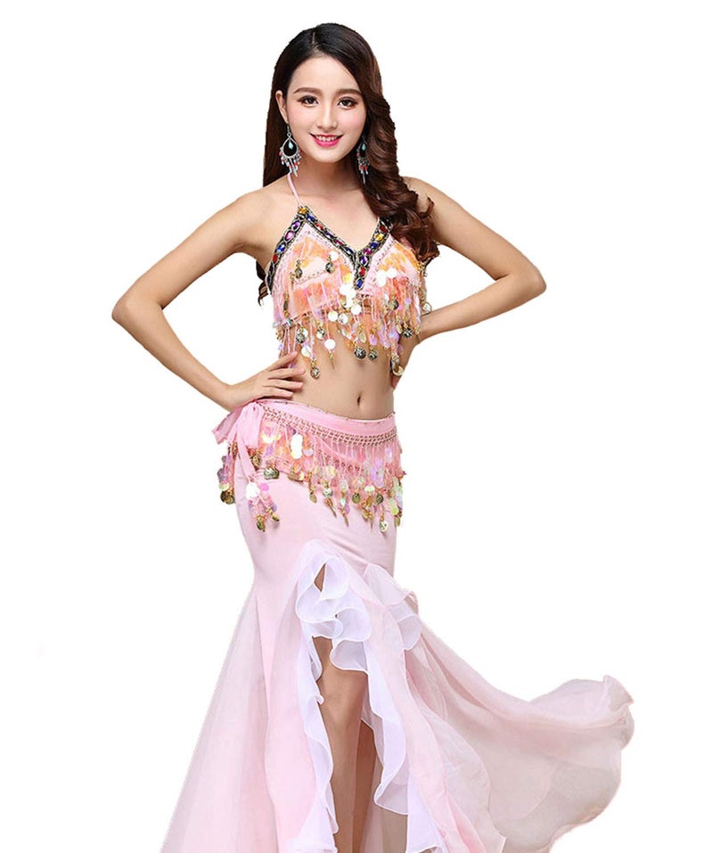 ORIDOOR Women's Belly Dance Dress Halloween Costume Belly Dance Crop Top Bra Top and Belt Chiffon Dancing Skirts 3-Piece Outfit Pink - Image 2